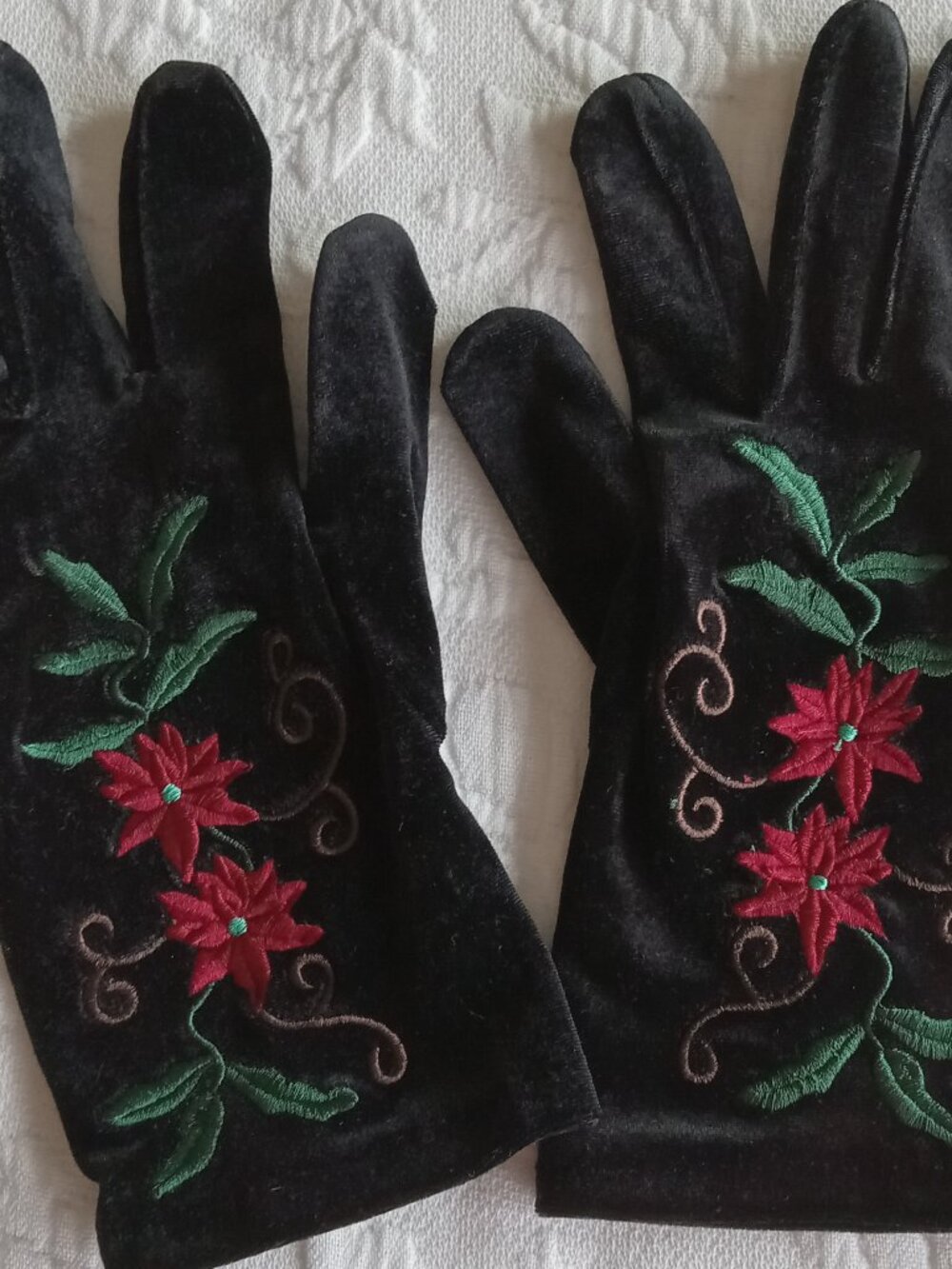 Beautiful Black Velvet Gloves with Emroidered Flowers & Vines